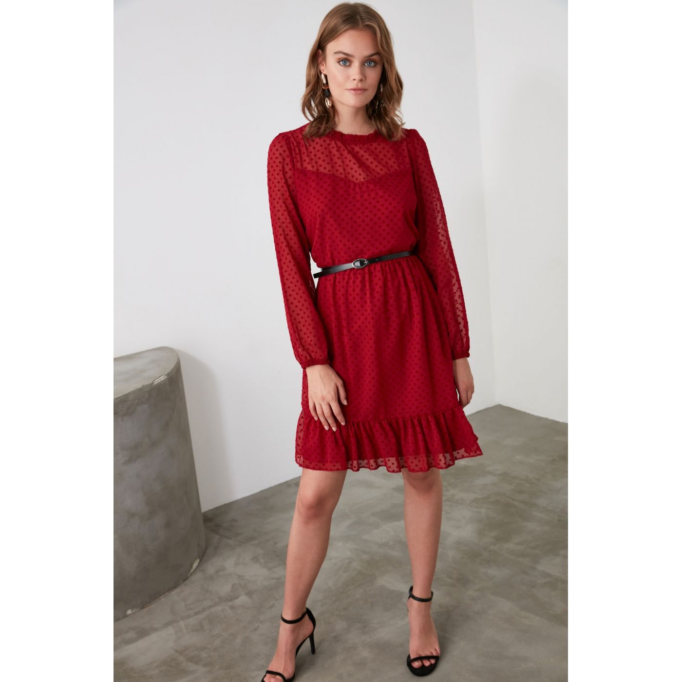 Trendyol Tulle Detailed Dress with Burgundy Belt