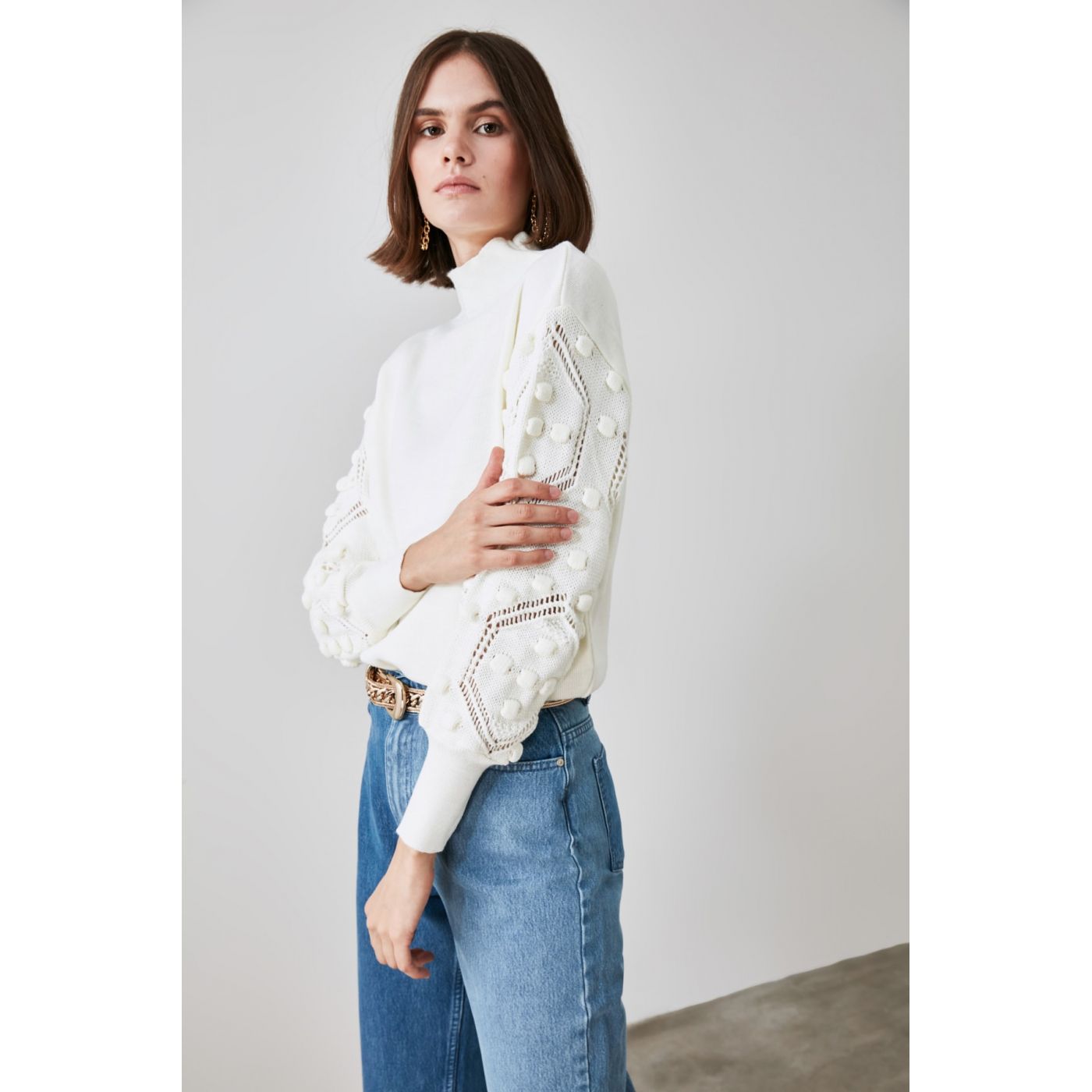 Trendyol Ekru Arm Pompom Detailed Knitwear Sweater
