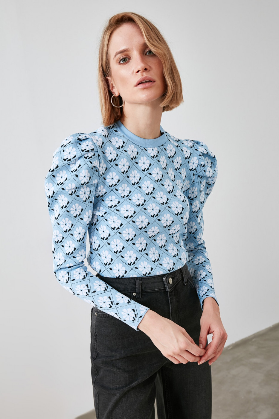 Trendyol Blue Flower Knit Sweater