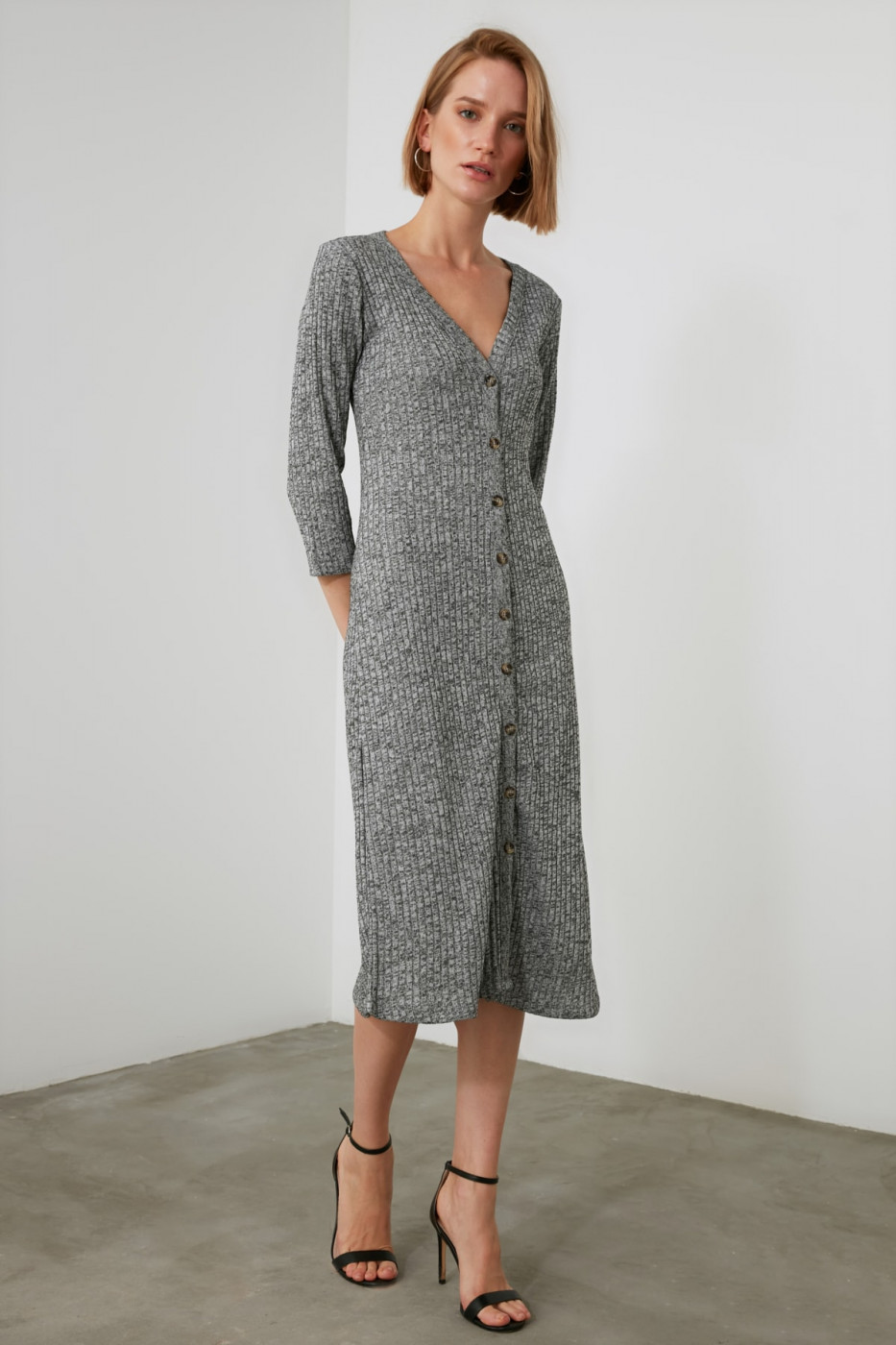 Trendyol Grey Button Midi Knitted Dress