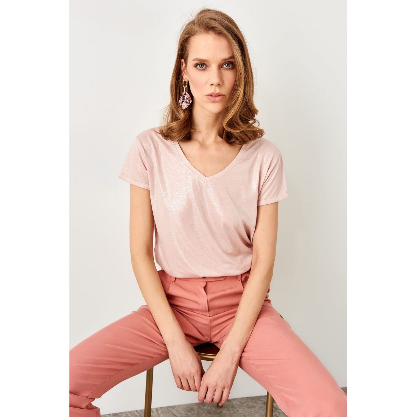 Trendyol Powder V-neck Varak printed Basic knitted T-shirt