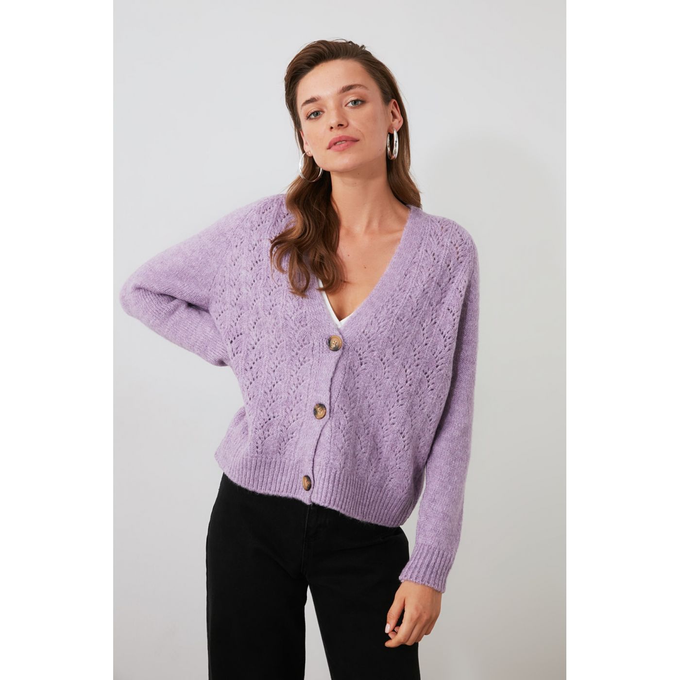 Trendyol Lila Ajurlu Button Detailed Knitwear Cardigan