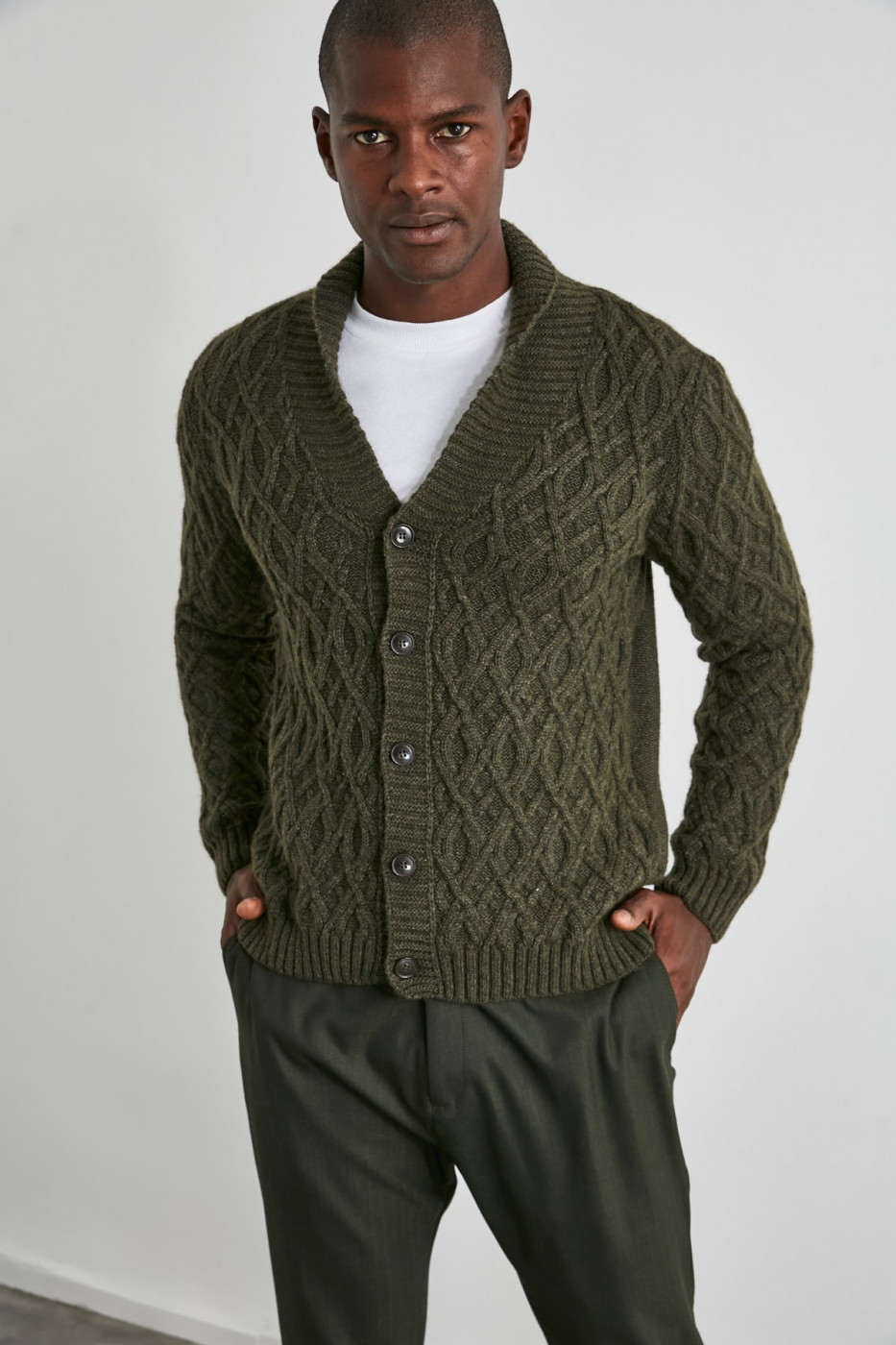 Trendyol Khaki Male Shawl Collar Hair Braid Cardigan