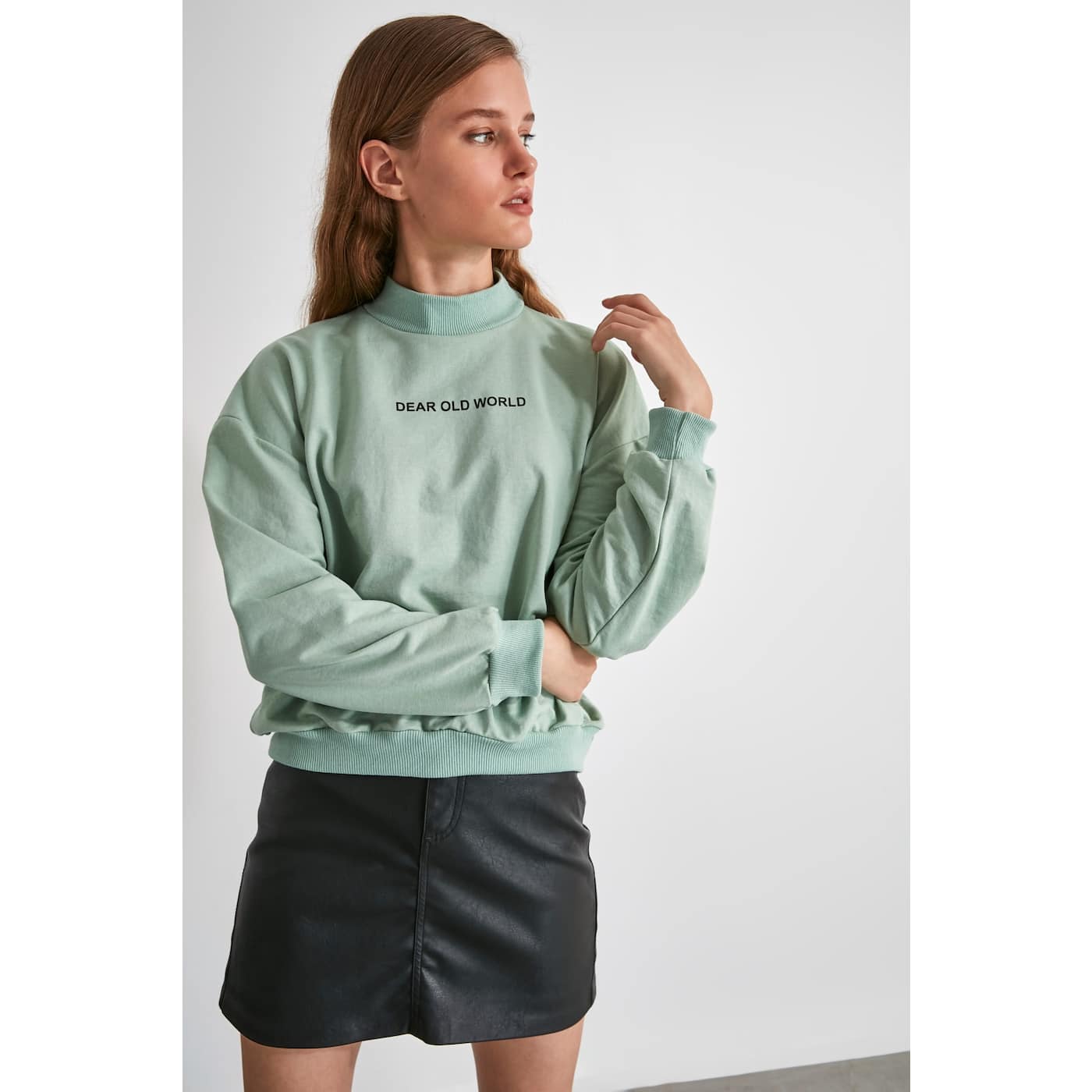 Trendyol Mint Printed Upright Collar Knitted Sweatshirt