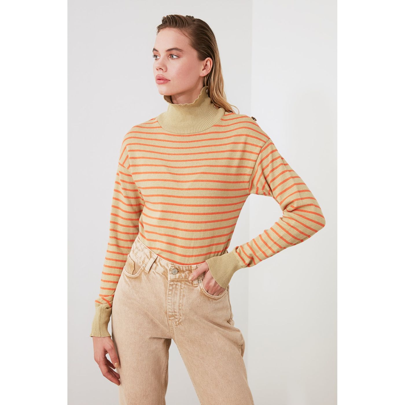 Trendyol Khaki Button Detailed Striped Knitwear Sweater