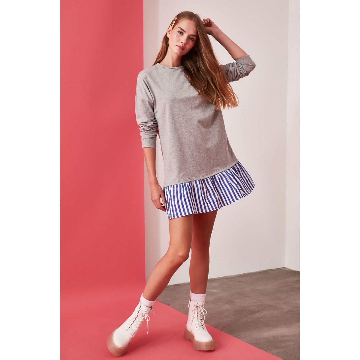 Trendyol Grey Striped Poplin Detailed Knitting Dress