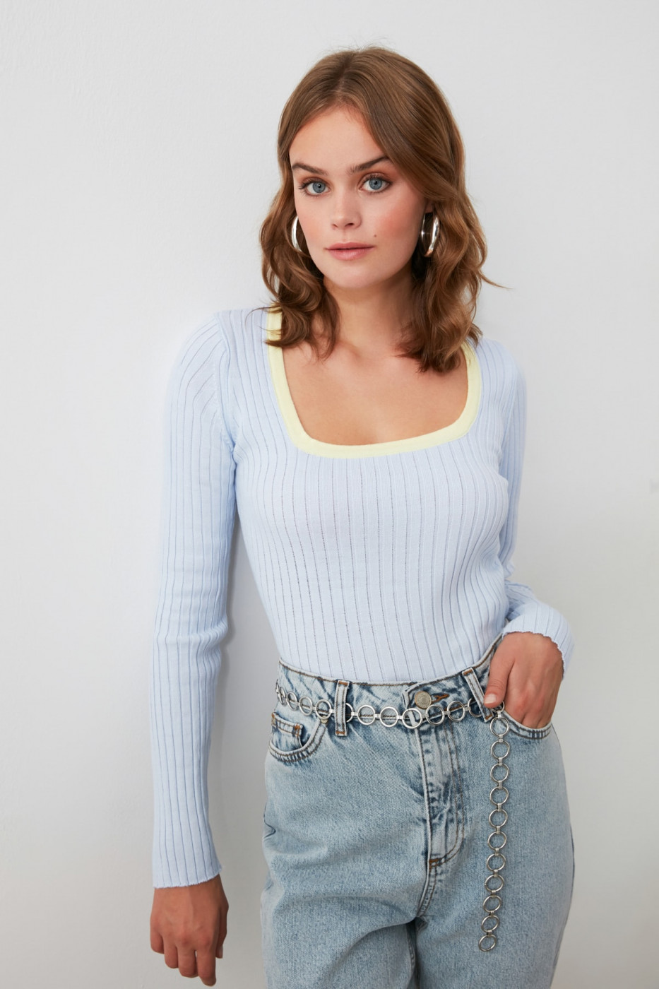 Trendyol Yellow Square Collar Knitwear Sweater
