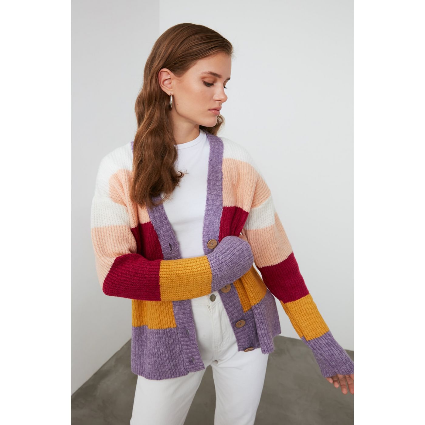 Trendyol Lila Color Block Knitwear Cardigan