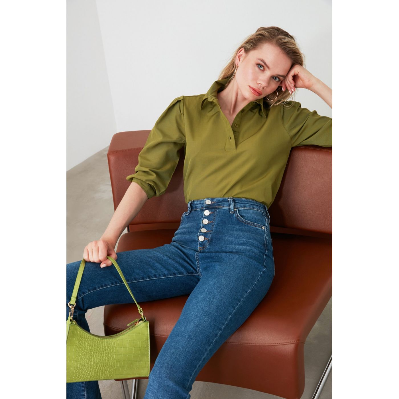 Trendyol Khaki Shirt Collar Blouse