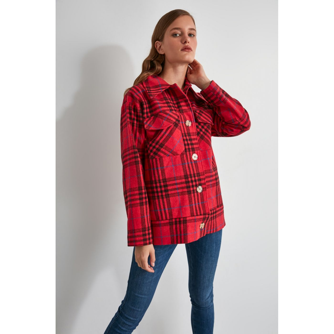 Trendyol Red Plaid Button Detailed Stamp Coat Coat Coat