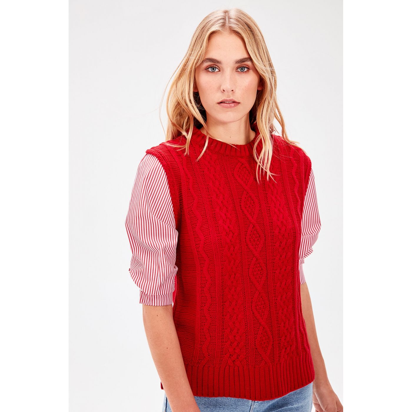 Trendyol Red Braided Shirt Detailed Knitwear Sweater