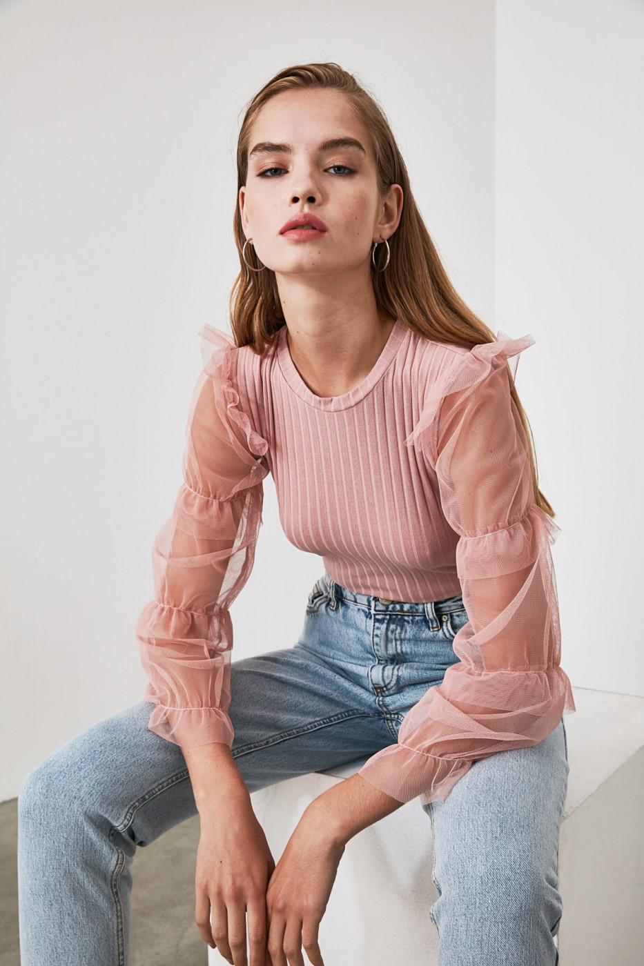 Trendyol PowderEd Tulle Detailed Knitted Blouse