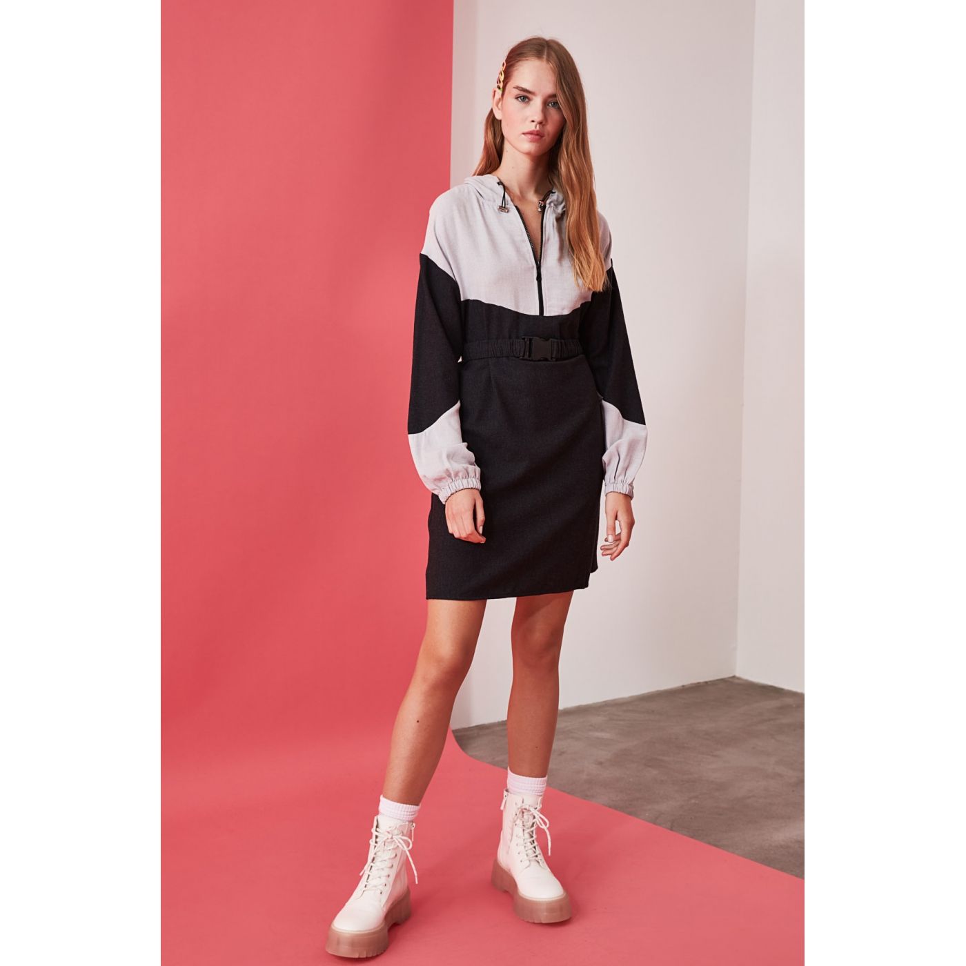 Trendyol Black Hooded Color Block Dress