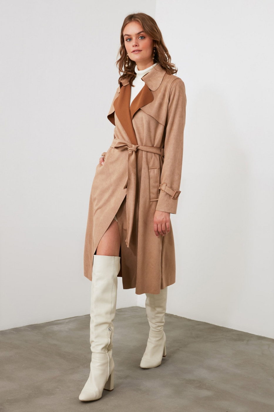 Trendyol Mink Suede Belt Trench Coat