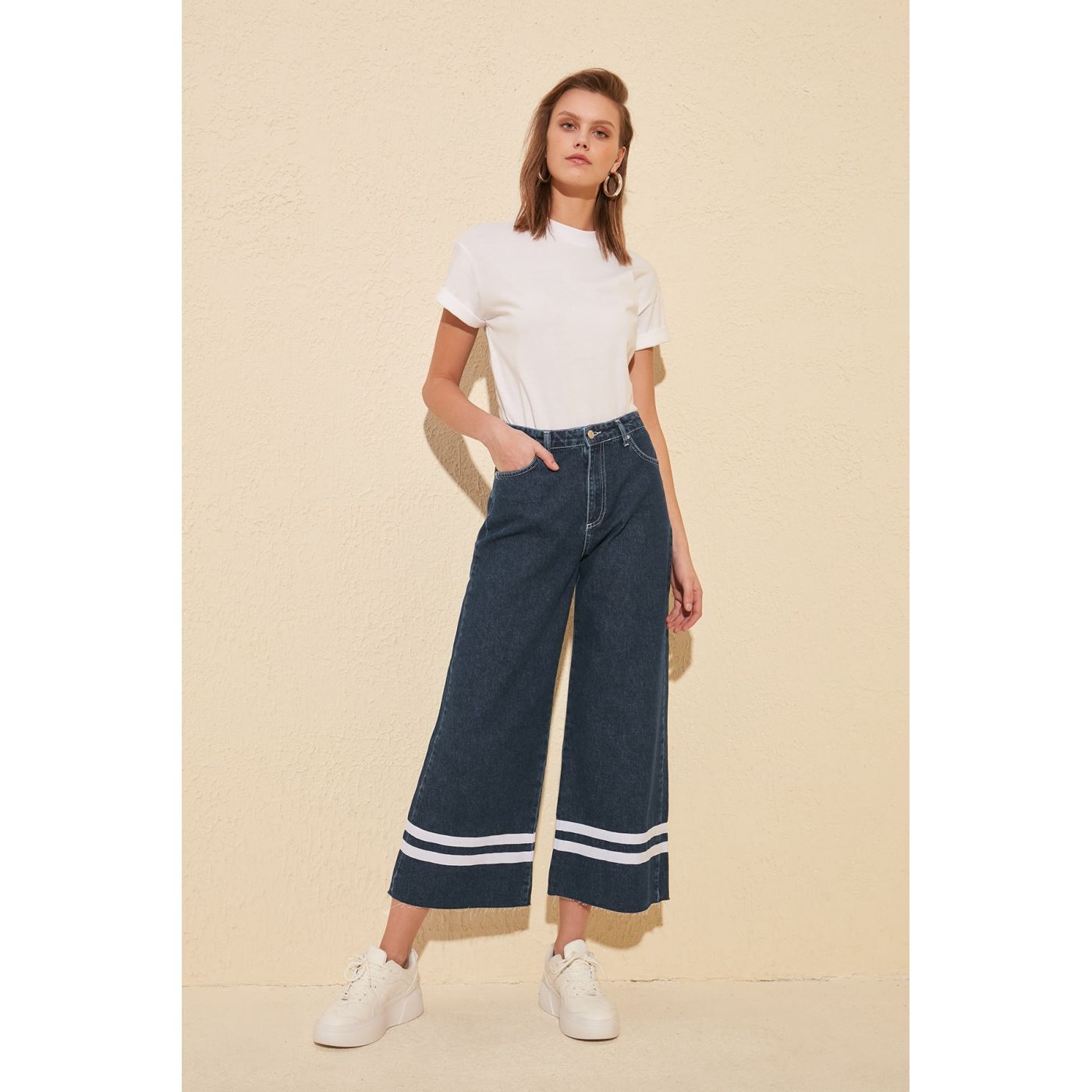 Trendyol Dark Blue Ribbon Detailed High Waist Culotte Jeans
