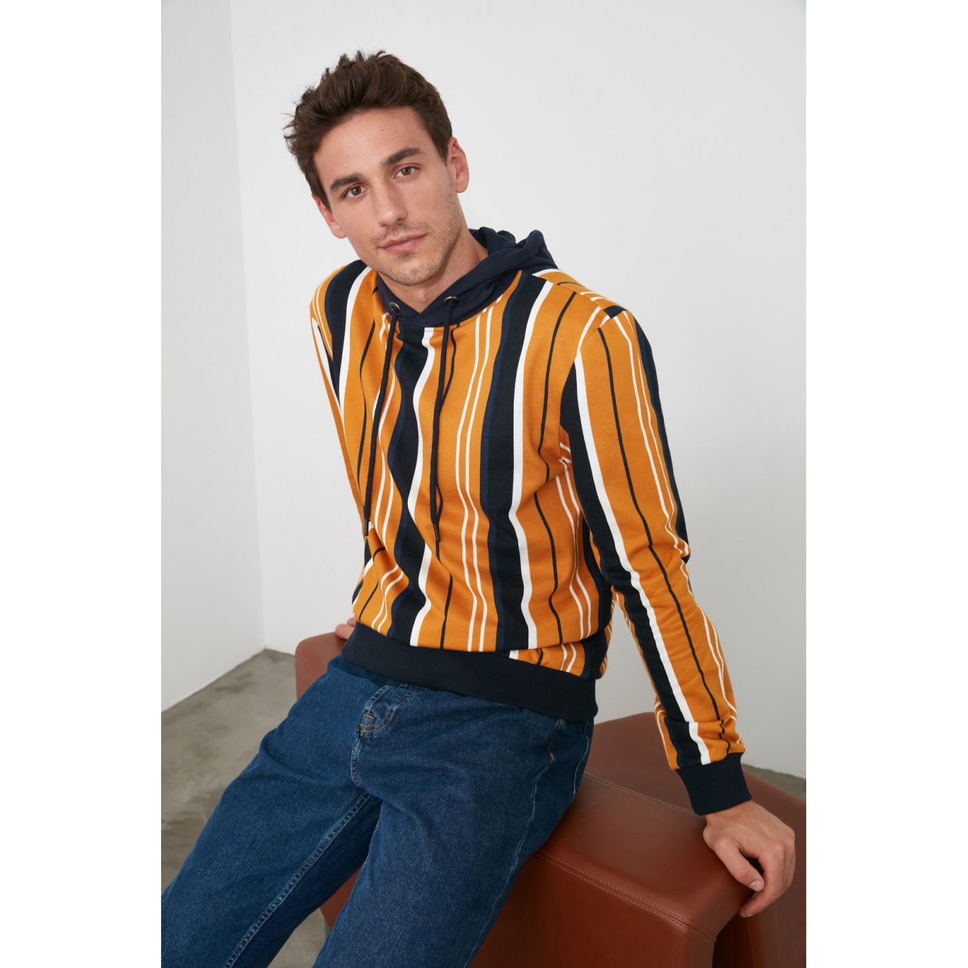Trendyol Mustard Men Striped Hooded Sweatshirt