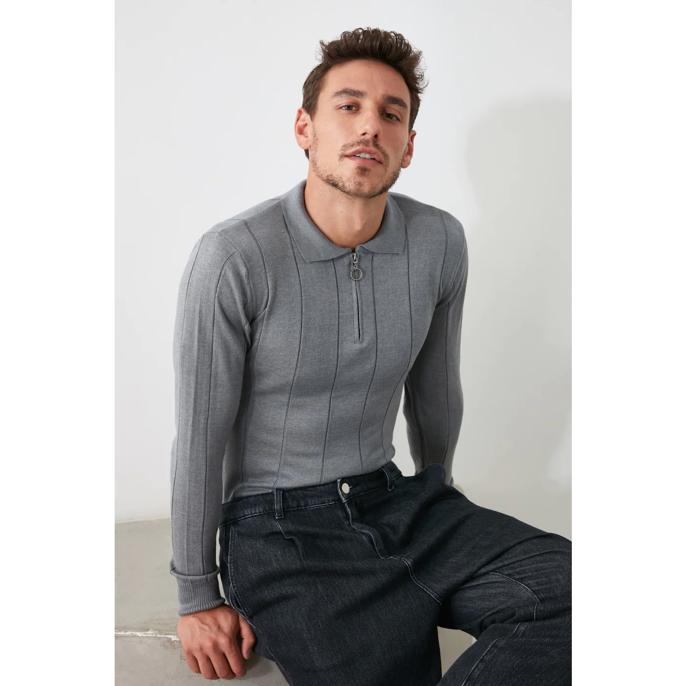 Trendyol Grey Men Zipper Polo Collar Knit Wearer Sweater