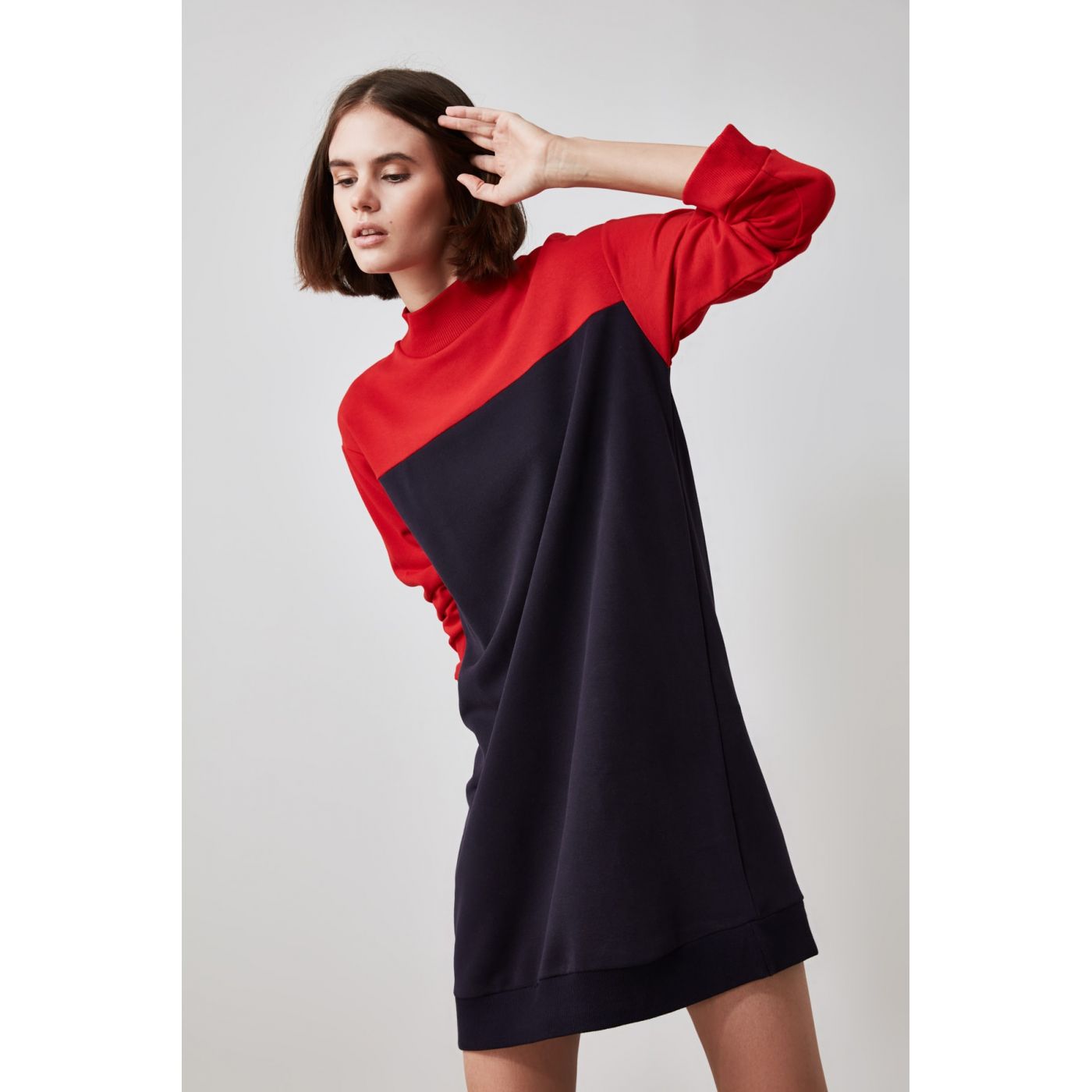 Trendyol Navy Color Blocked Sheer Collar Knitted Sweat Dress