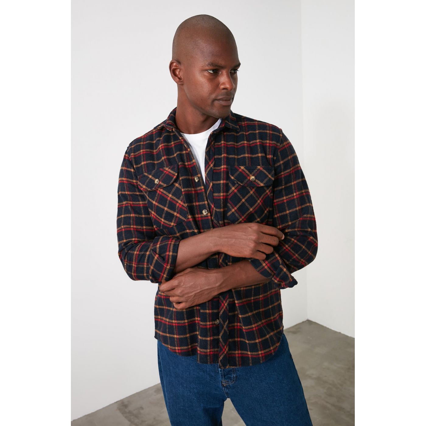 Trendyol Navy Blue Men's Double Pocket Plaid Shirt New
