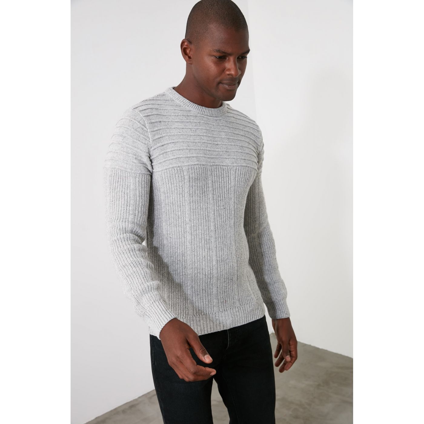 Trendyol Grey Men's Tissue Paneled Bicycle Collar Knitwear Sweater