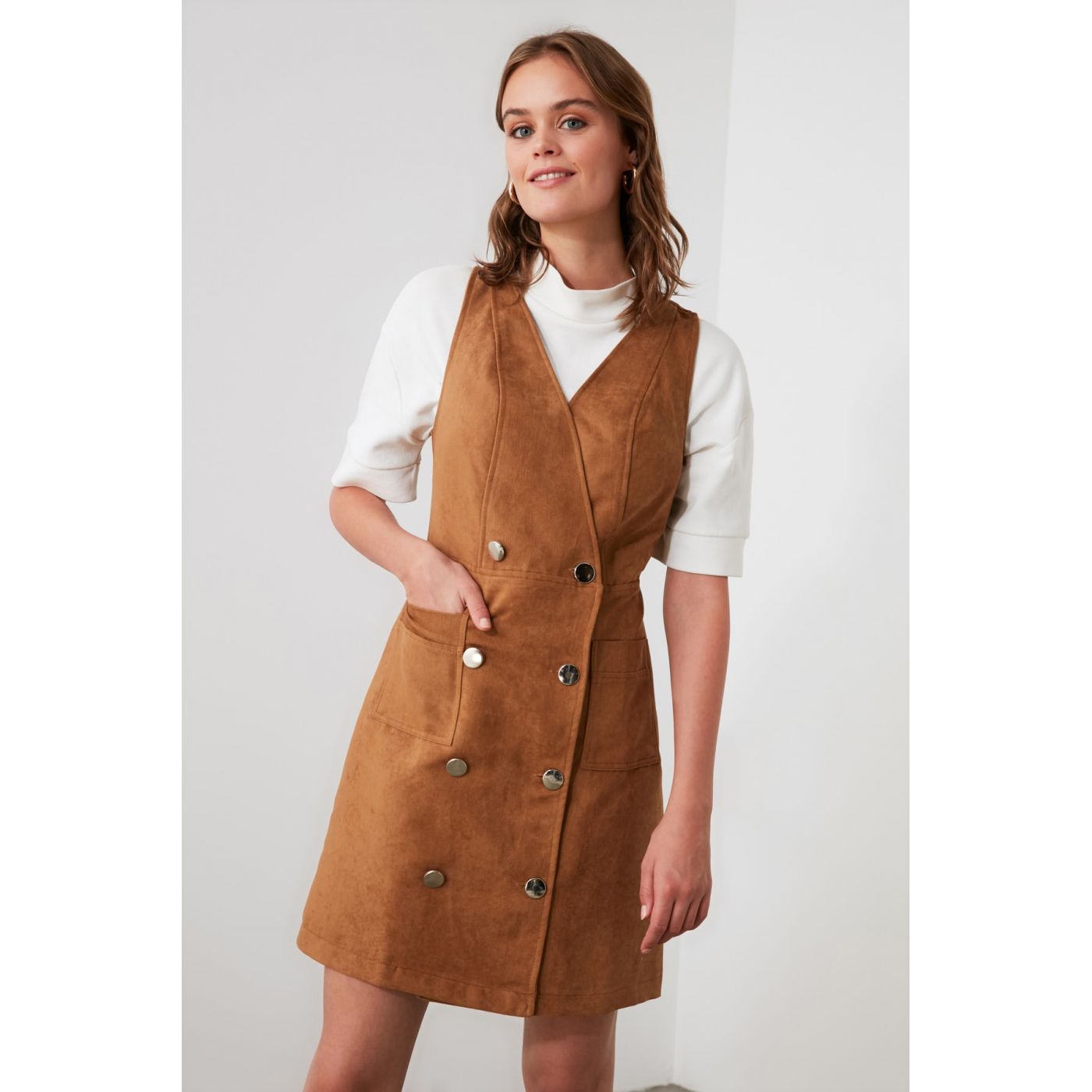 Trendyol Camel Button Suede Jile Dress