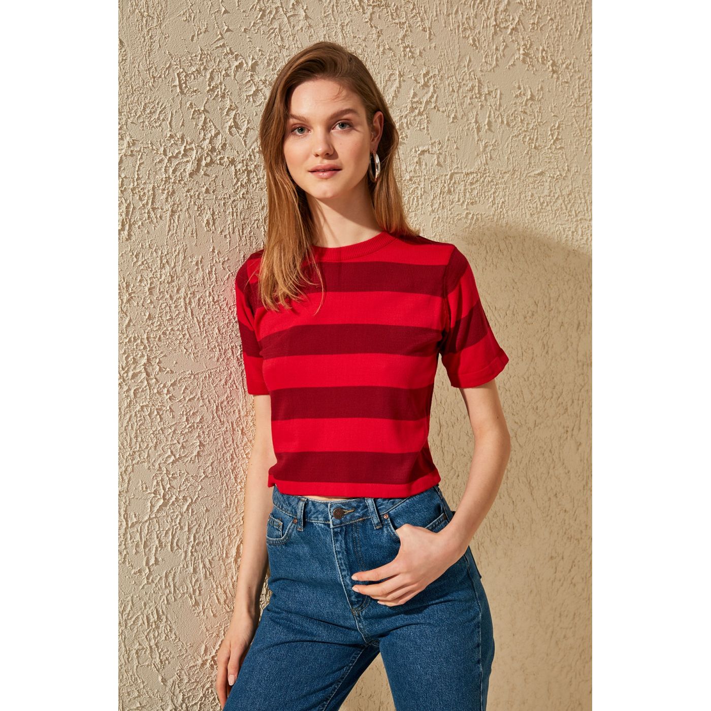Trendyol Red Short Sleeve Striped Knit Wearer Sweater