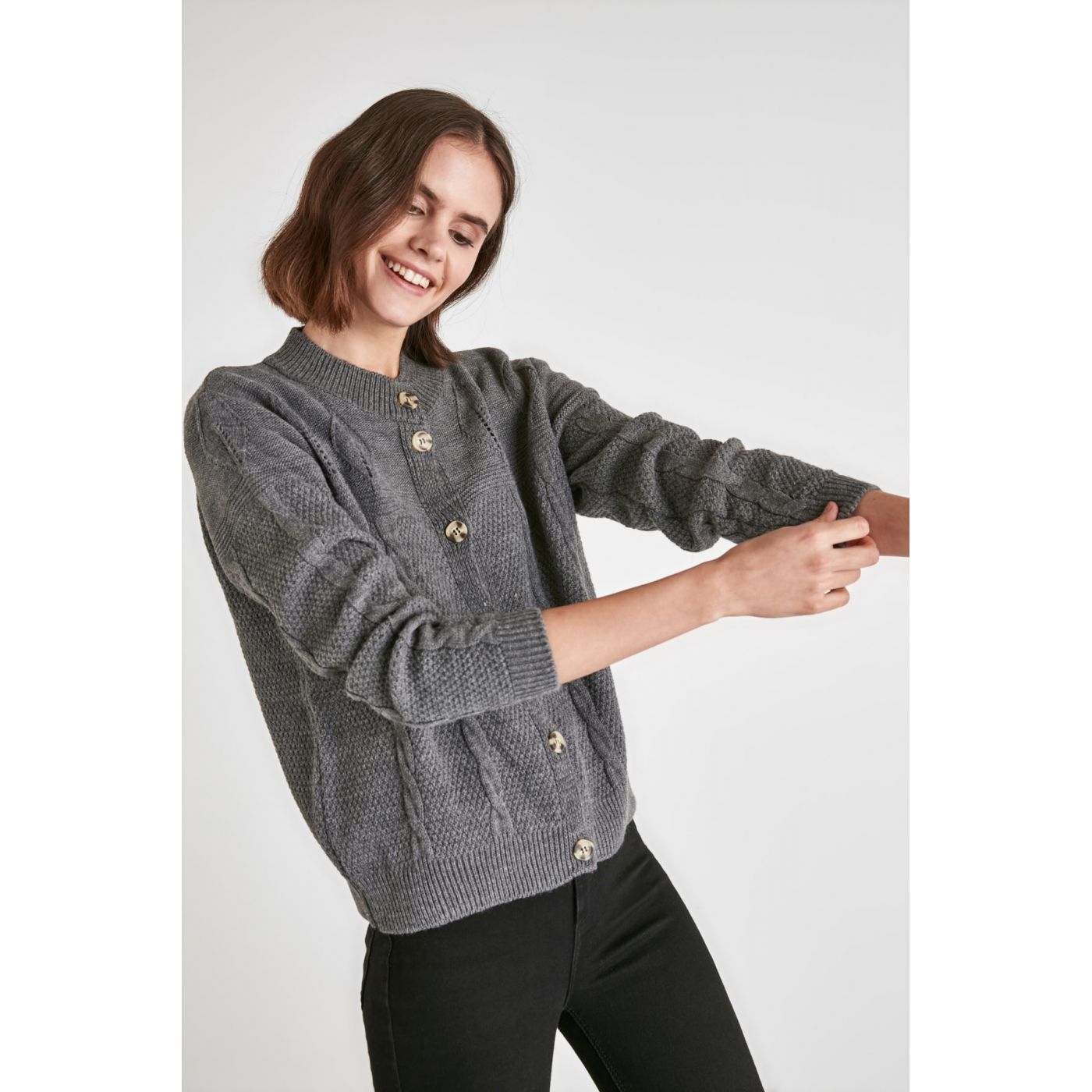 Trendyol Anthracite Mesh Detailed Knitwear Cardigan