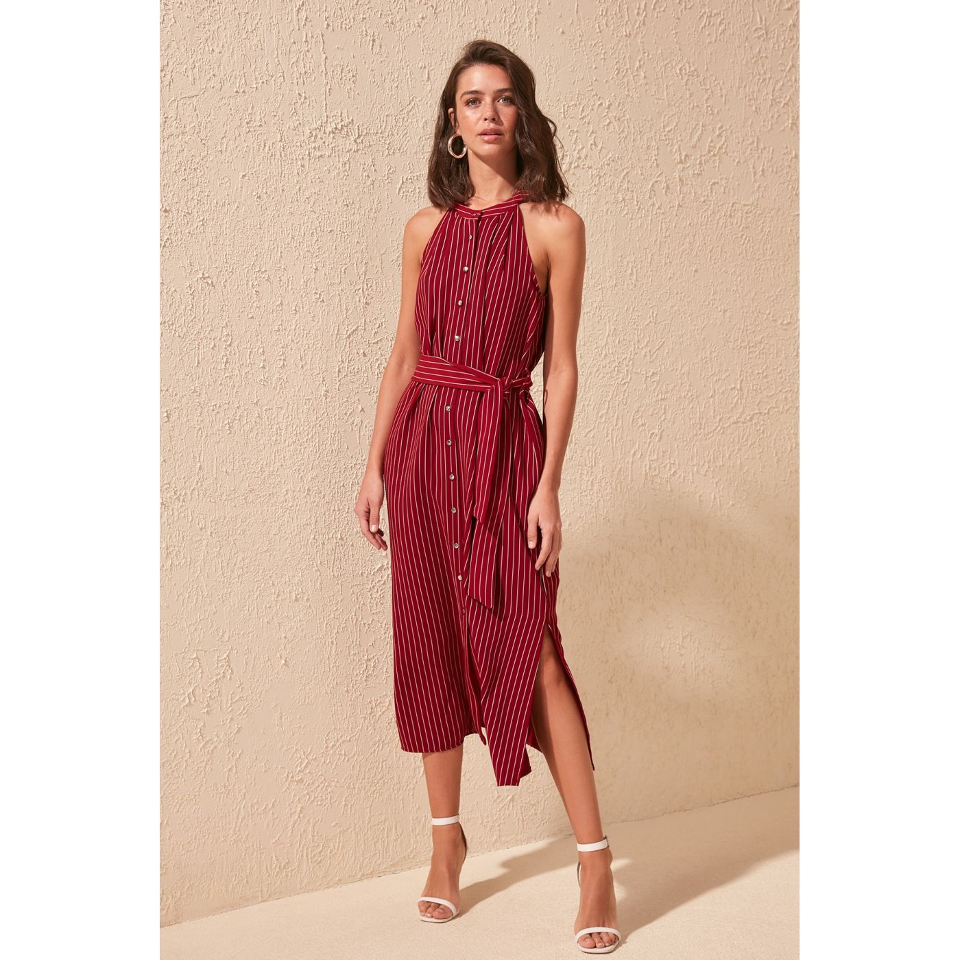 Trendyol Burgundy Belted Striped Dress