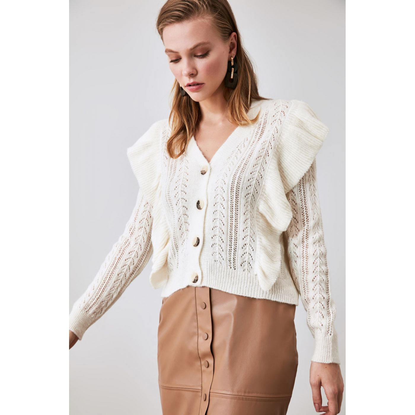 Trendyol Ekru Ruffle Detailed Tirko Cardigan