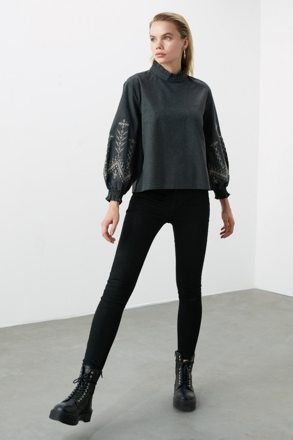 Trendyol Anthracite Embroidery Detailed Blouse