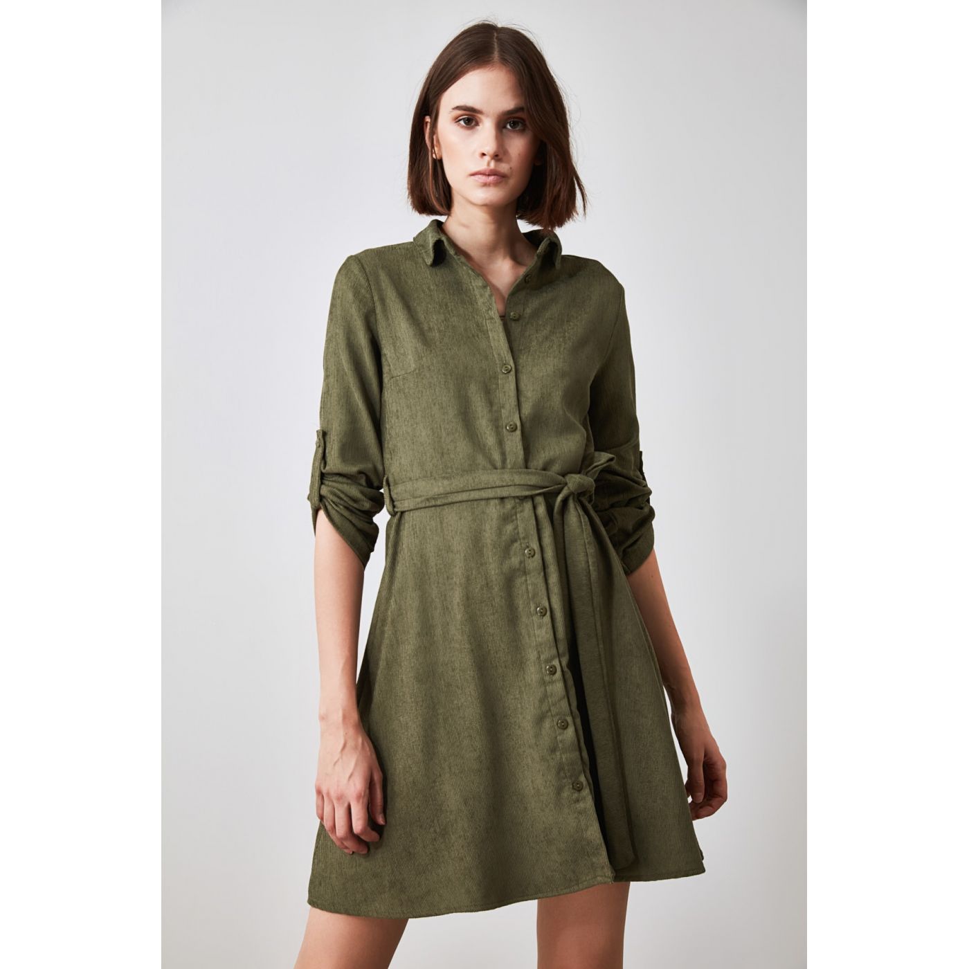 Trendyol Green Belt Velvet Shirt Dress
