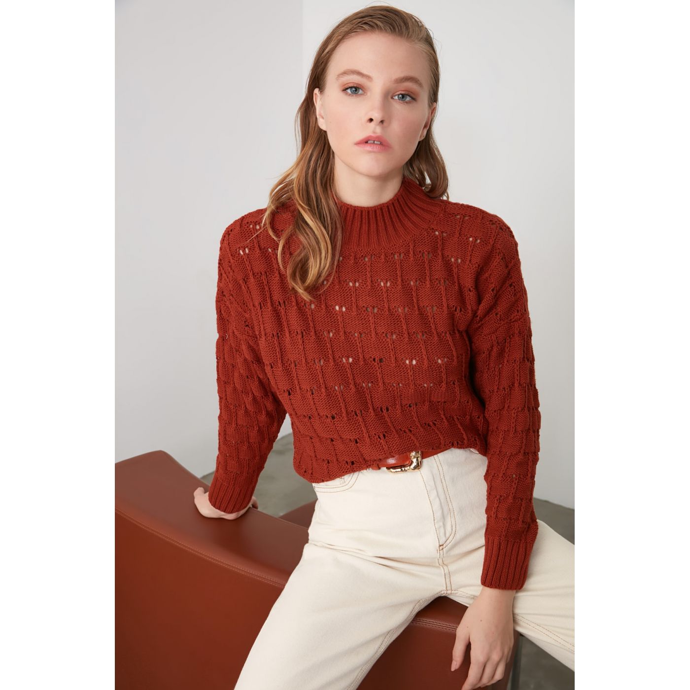 Trendyol Cinnamon Braid Detailed Knitsweater