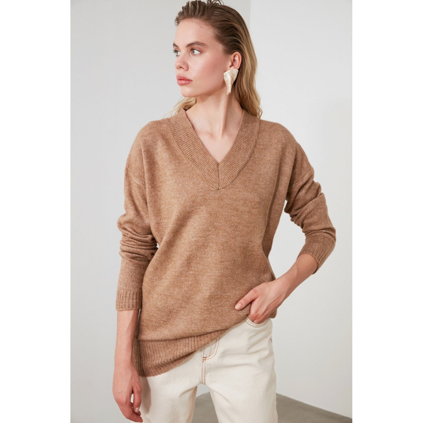 Trendyol Camel V Collar Knit Sweater