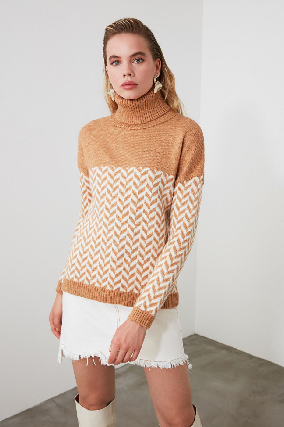 Trendyol Camel Fishback Patterned Knitwear Sweater