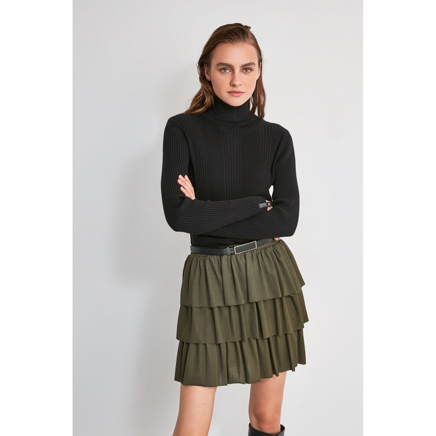 Trendyol Khaki Frilled Mini Knitted Skirt