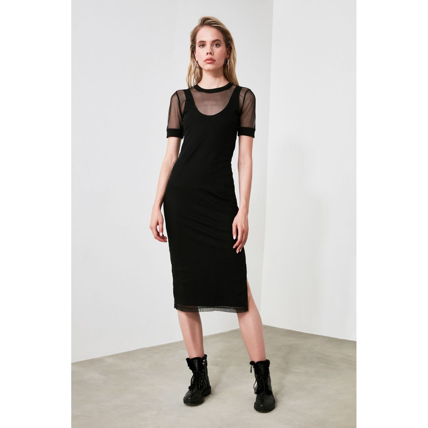 Trendyol Black Midi Tulle Knitted Dress