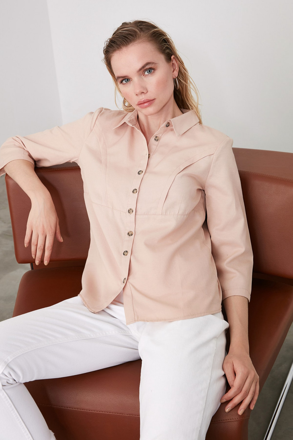 Trendyol Stone Front Seam Detailed Shirt