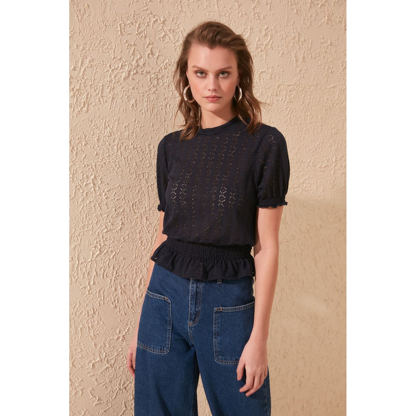 Trendyol Navy Lace Detailed Knitted Blouse