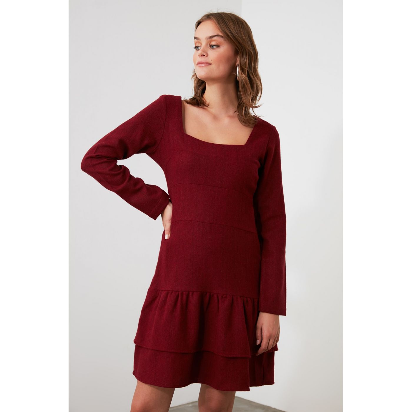 Trendyol Burgundy Square Neck Flywheel Dress