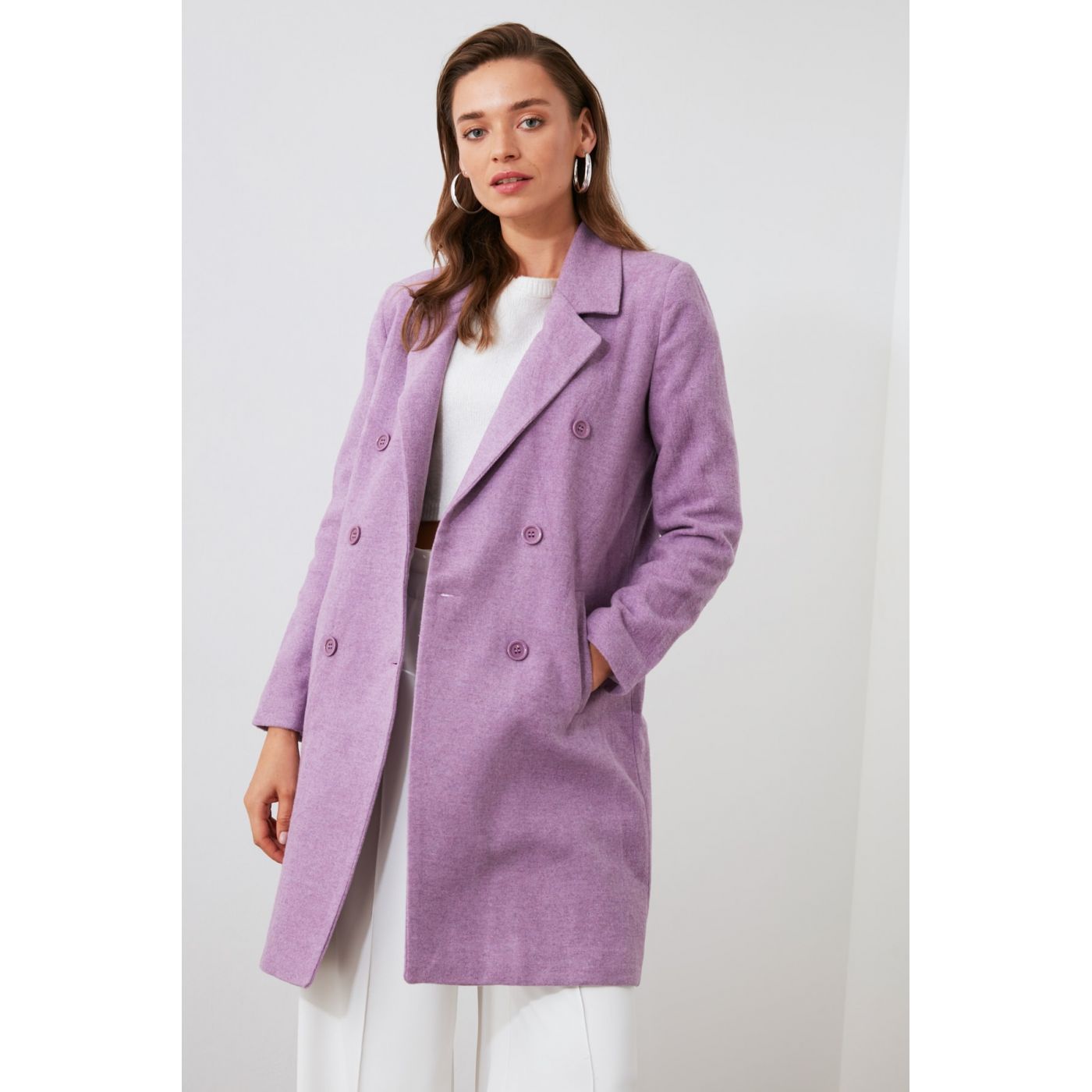 Trendyol Lila Button Off Woolly Stamp Coat