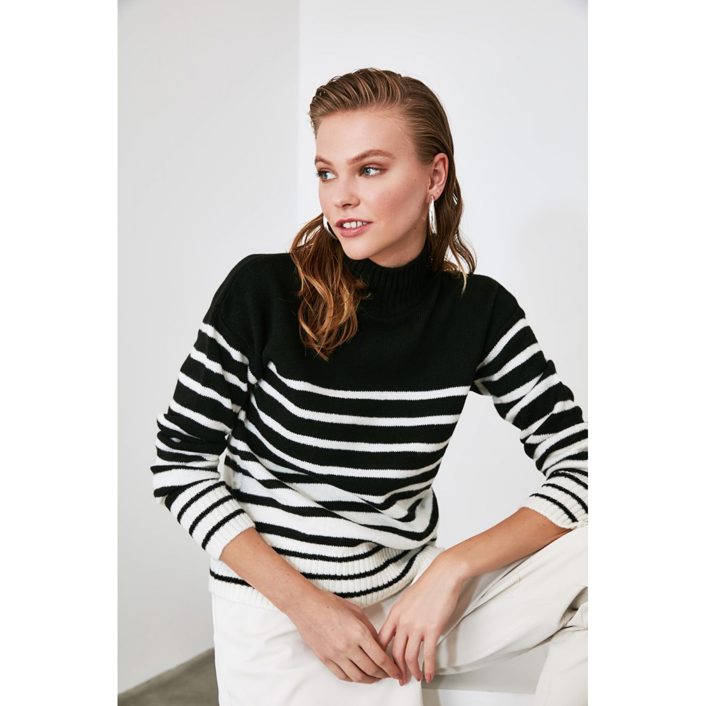 Trendyol Black Striped Knit Sweater