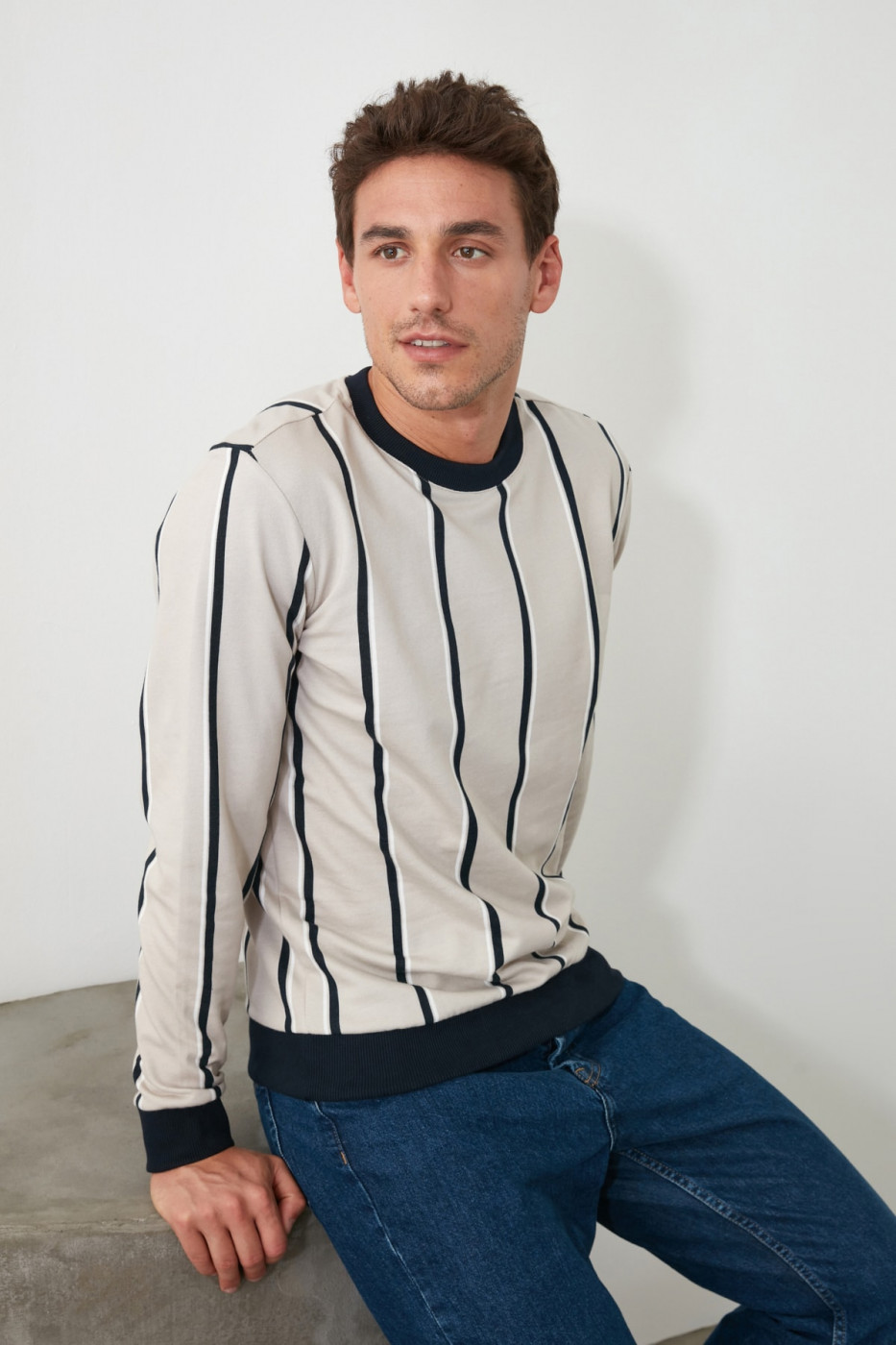Trendyol Beige Men's Striped Bicycle Collar Sweatshirt