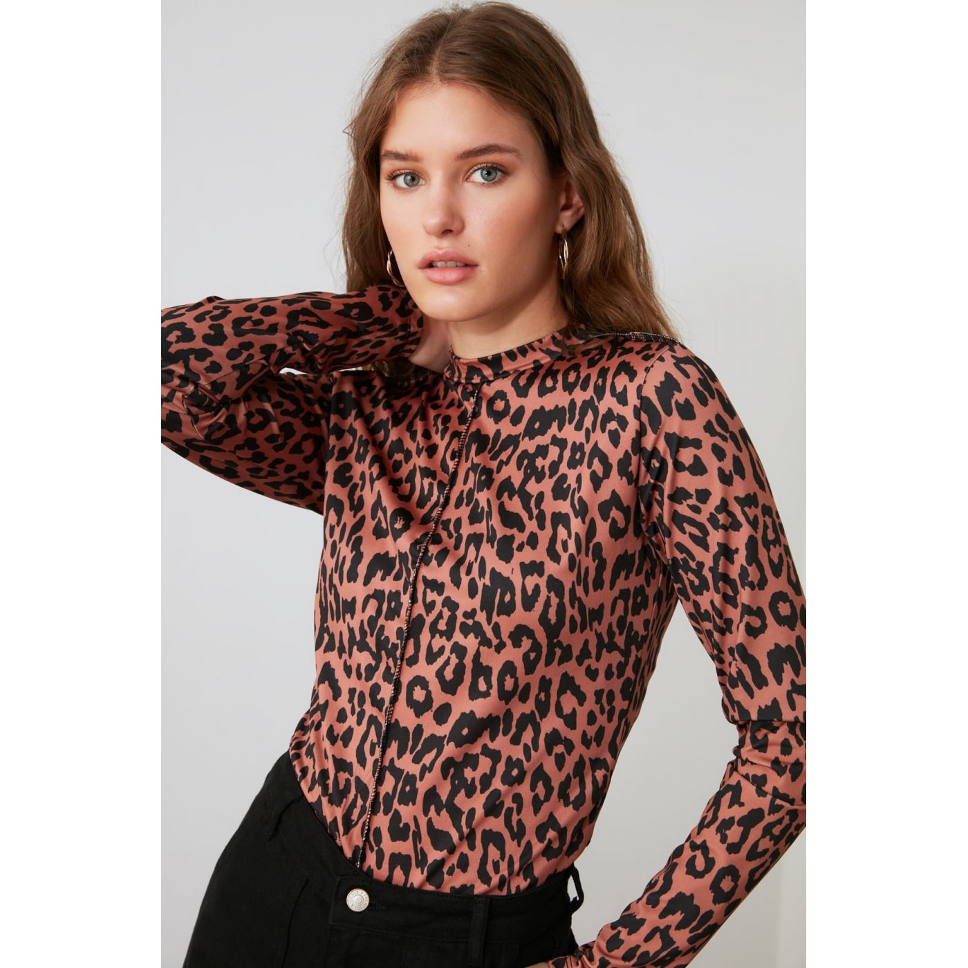 Trendyol Brown Leopard Sheer Collar Knitted Blouse