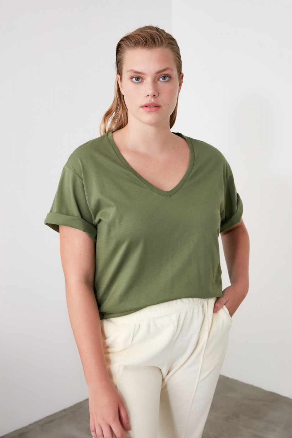 Trendyol Khai 100% Cotton V Collar Boyfriend Knitted T-Shirt