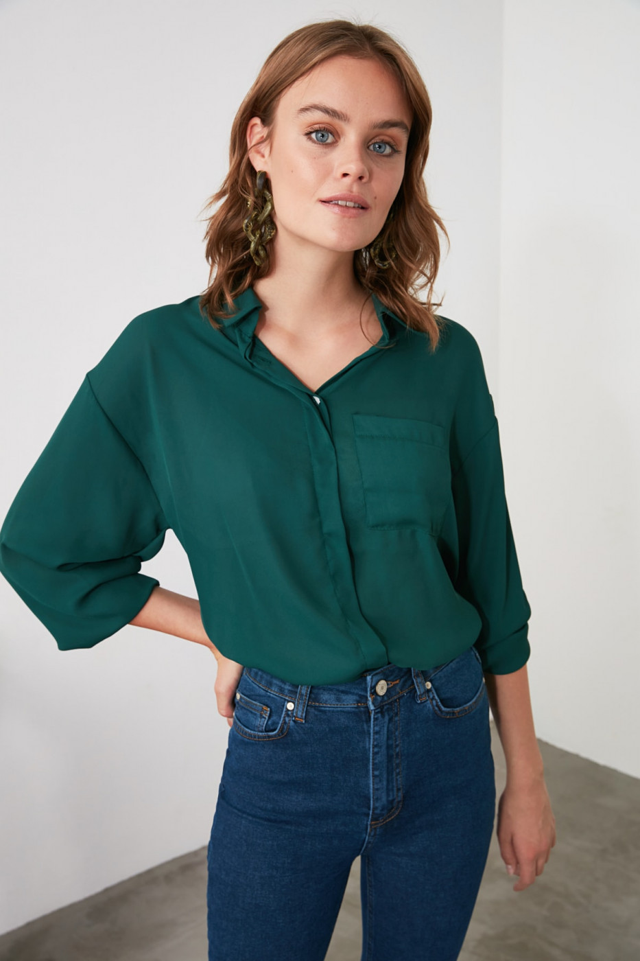 Trendyol Emerald Green Pocket Detailed Shirt