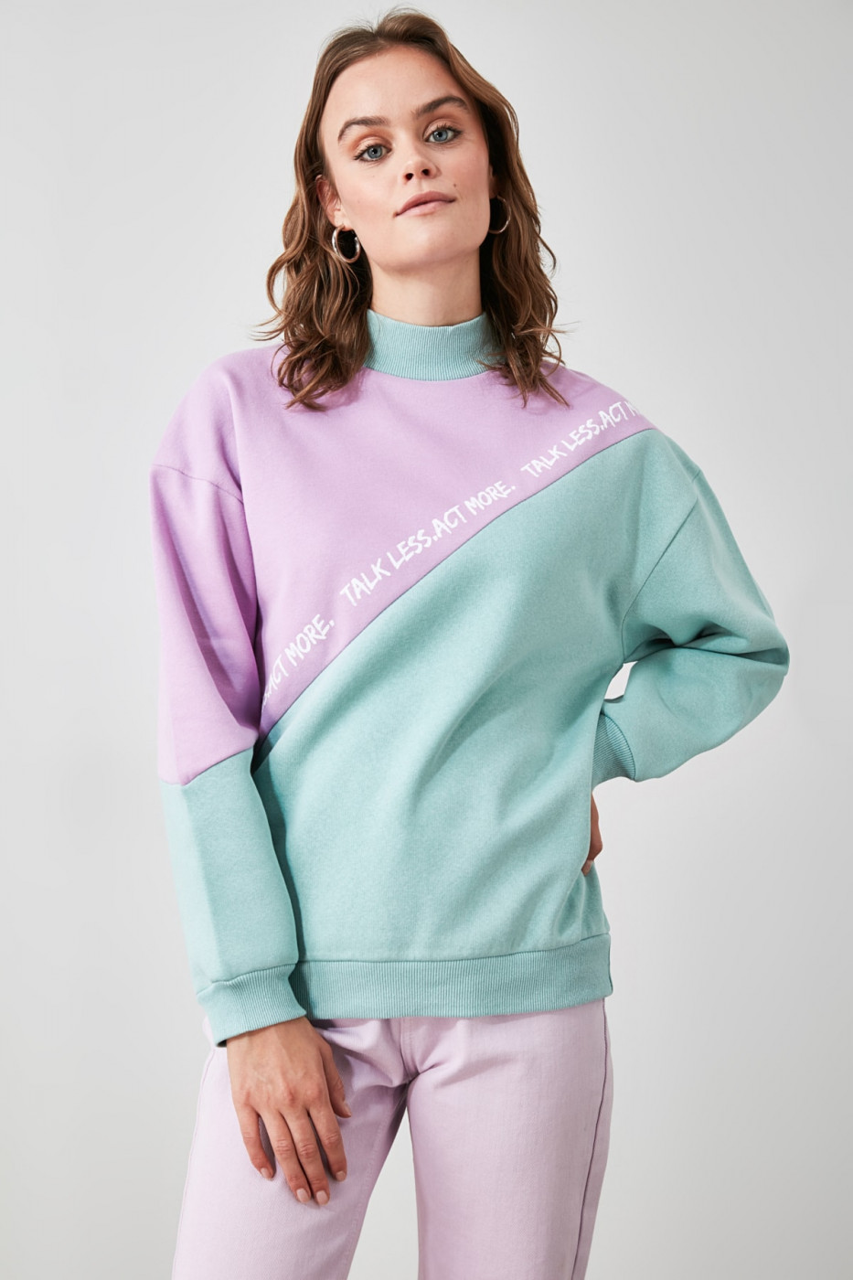 Trendyol Mint Color Block Printed Knitted Sweatshirt