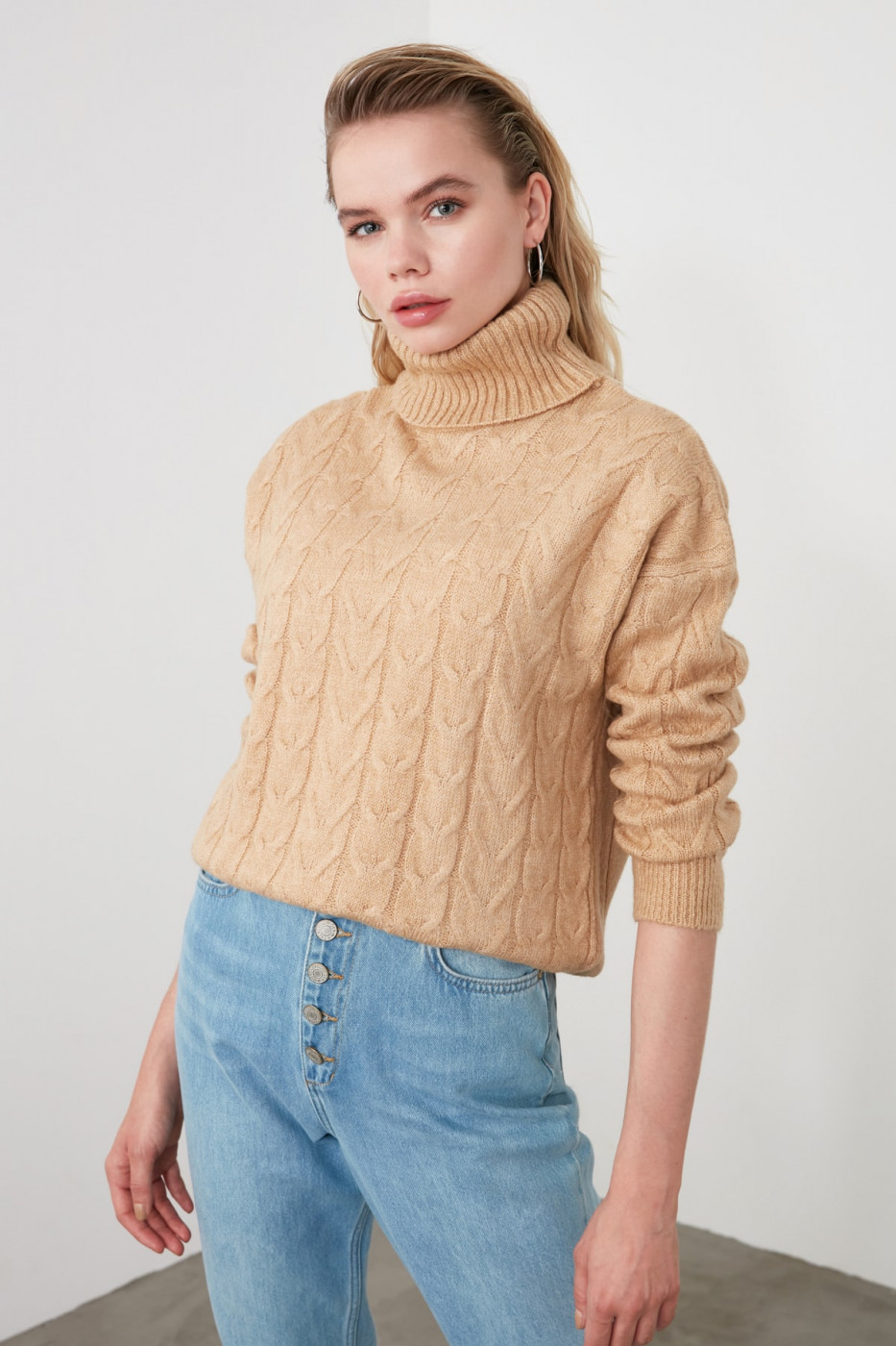 Trendyol Camel ThroatEd Hair Braided Knitwear Sweater