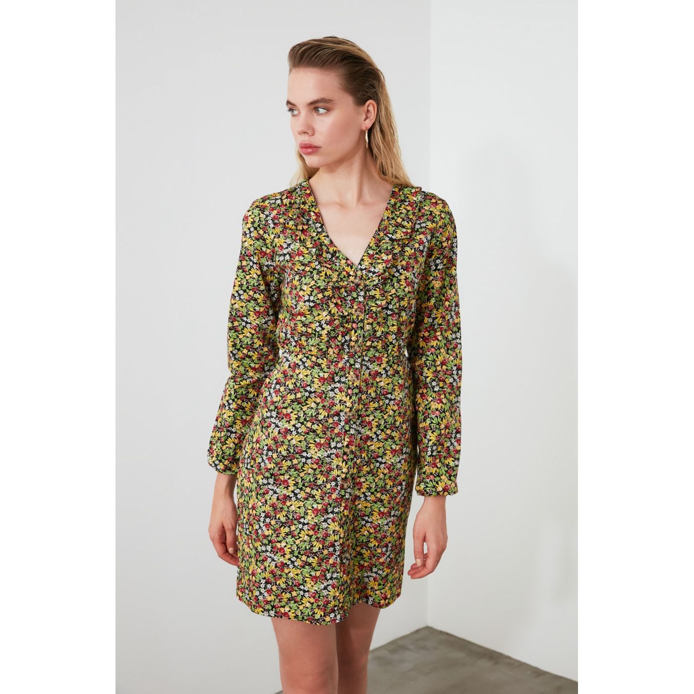 Trendyol MultiColored Neck Line Detailed Floral Patterned Dress