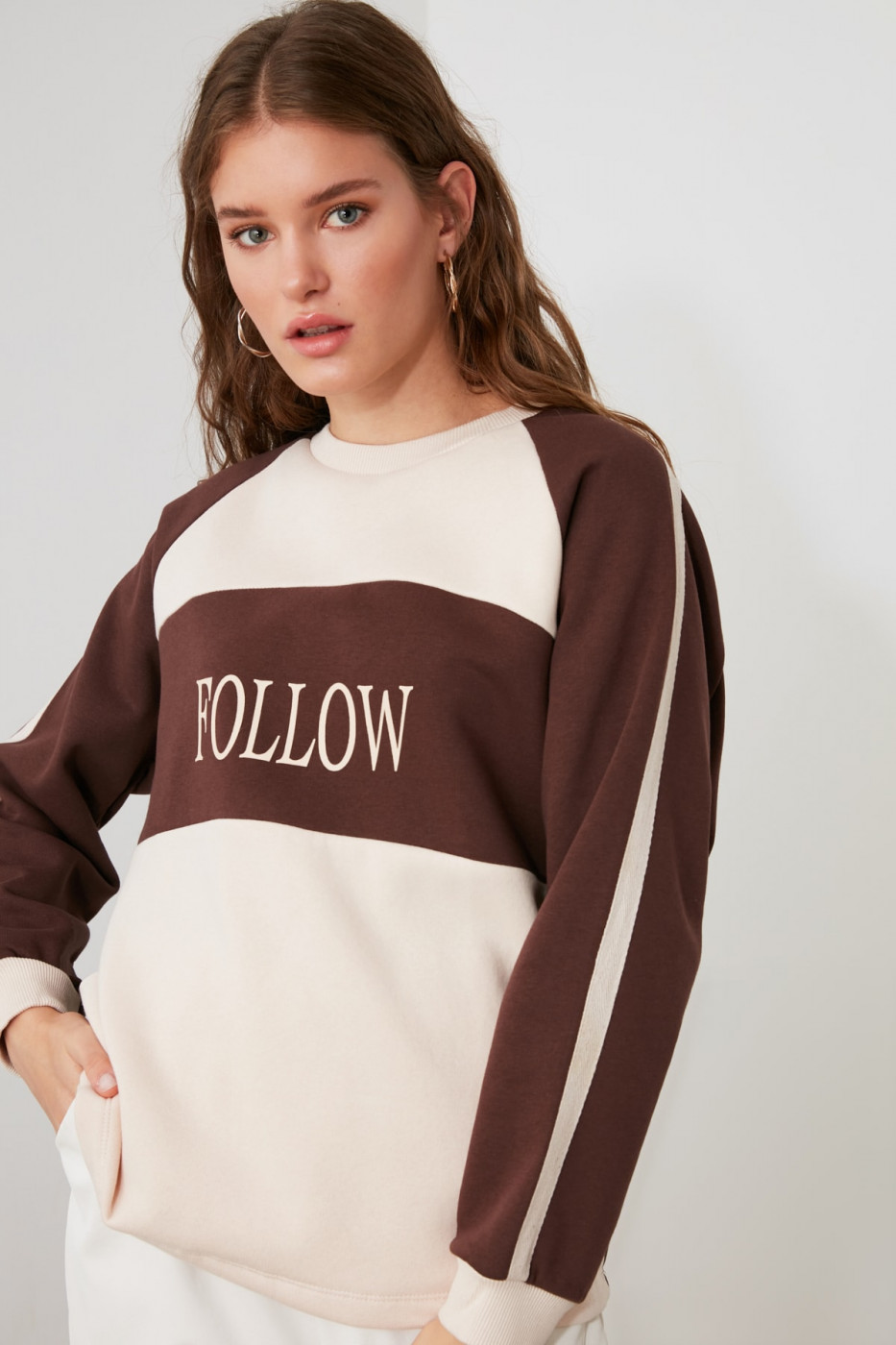 Trendyol Brown Color Block Basic Knitted Sweatshirt