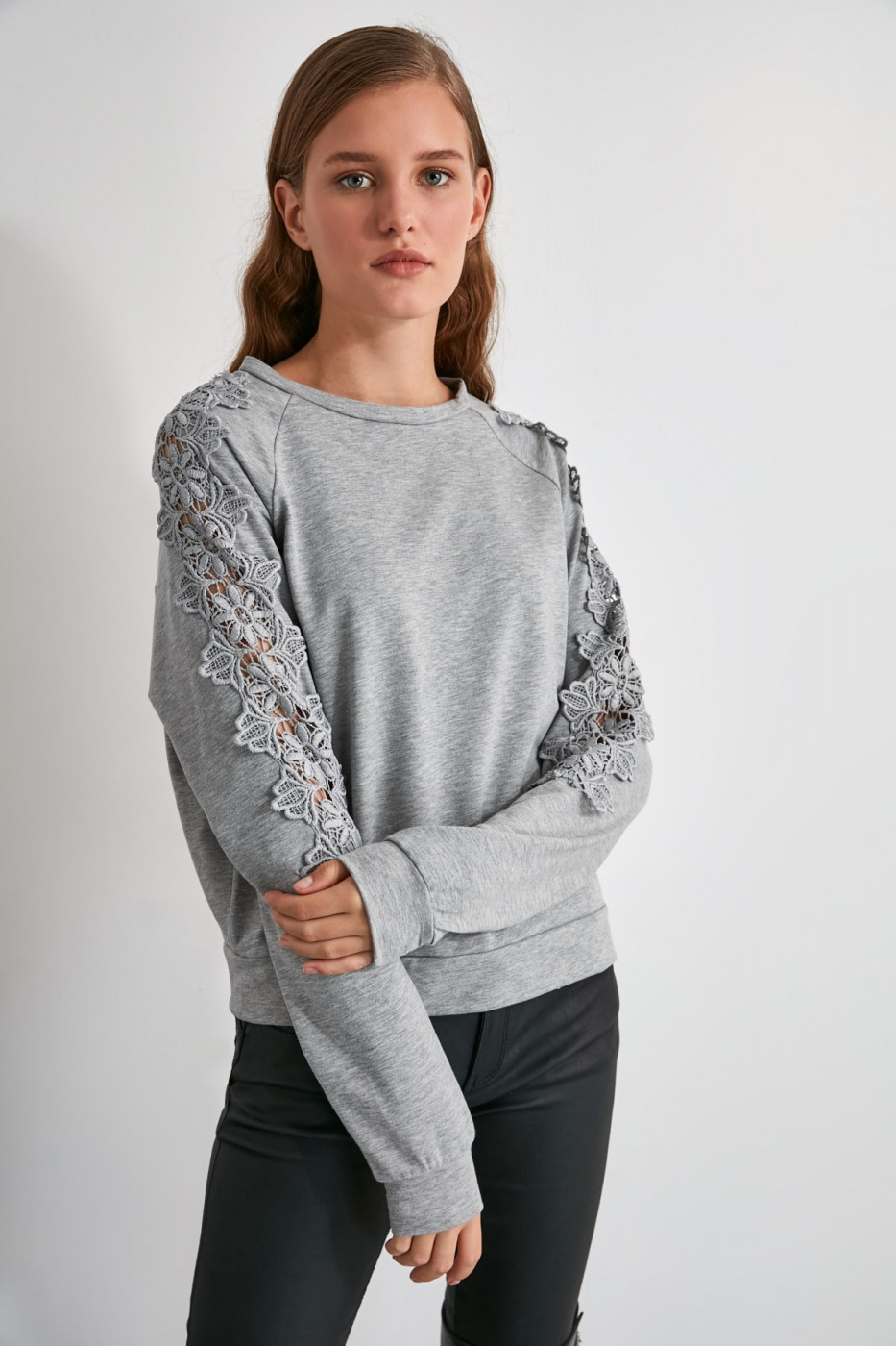 Trendyol Grey Arms Braided Sweatshirt